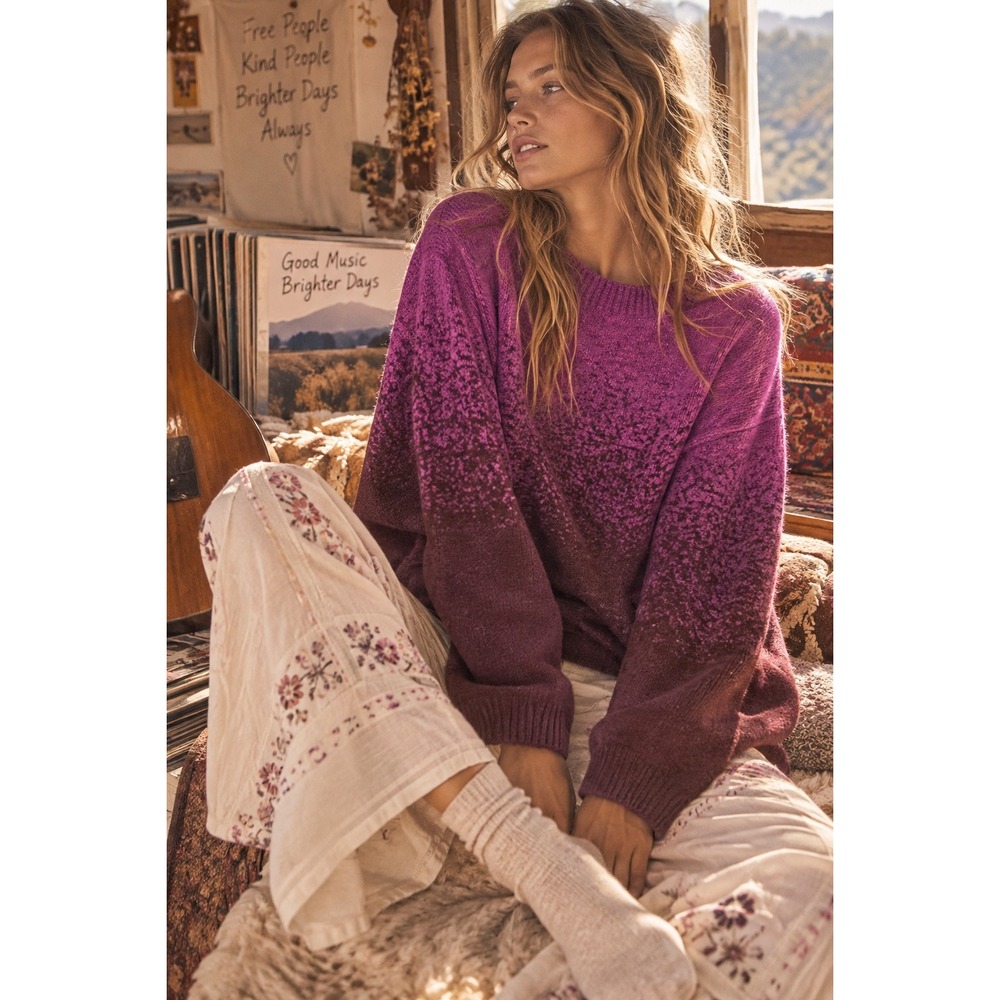 Athleta Jacquard Crew Sweater Merino Wool Ombre Magenta Brown 984545-01 Womens M